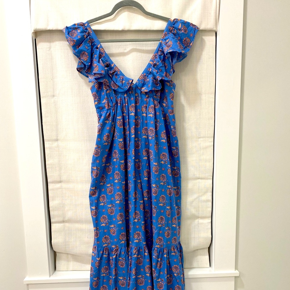 Mango Blue Floral Womens 4 Ruffled Maxi Dress NWT